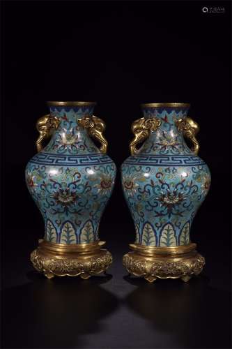 A Pair of Chinese Gilt Bronze Cloisonne Vases