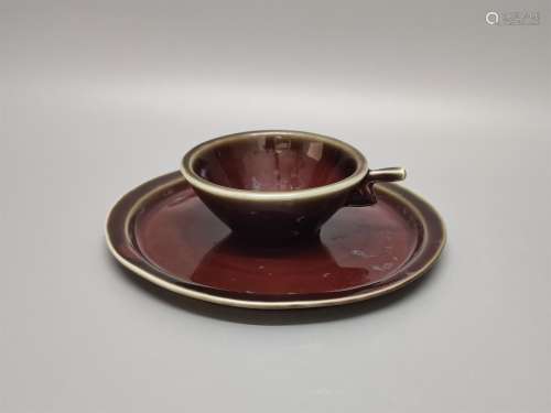 A Chinese Red Glazed Porcelain Cup and Plate