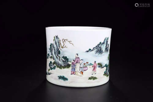 FAMILLE ROSE LANDSCAPE CHARACTER STORY BRUSH POT