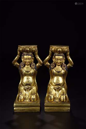 A Pair of Chinese Gilt Bronze Figures