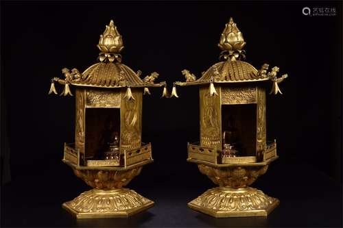 A Pair of Chinese Gilt Bronze Buddha Niche