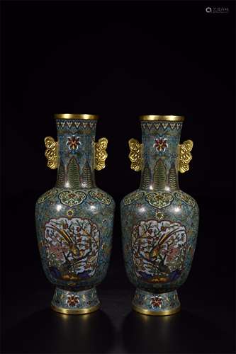 A Pair of Chinese Bronze Cloisonne Vases