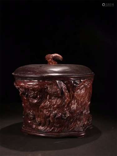 A Chinese Carved Hardwood Brush Pot with Cover and Zitan Handle Inlaid