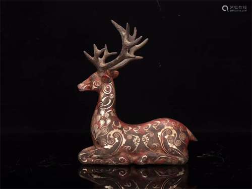 A Chinese Bronze Deer Decoration with Silver Inlaid