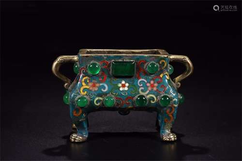 A Chinese Cloisonne Incense Burner with Carved Jade Inlaid