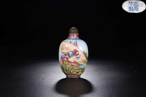 QIANLONG MARK BRONZE ENAMEL FIGURE-STORY SNUFF BOTTLE