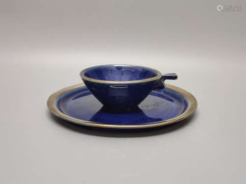 A Chinese Blue Glazed Porcelain Cup and Plate