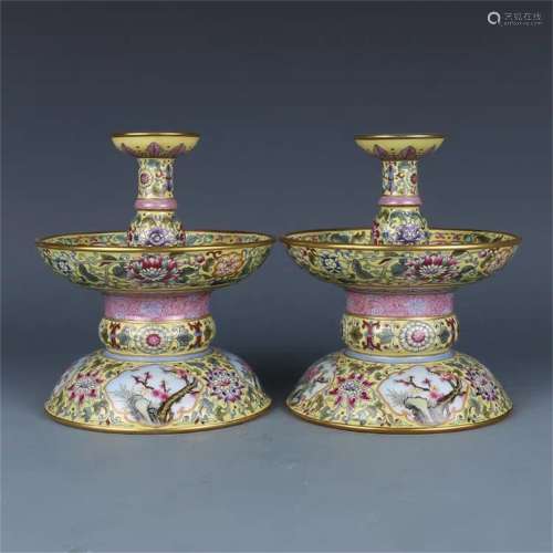 A Pair of Chinese Famille-Rose Porcelain Candle Holders