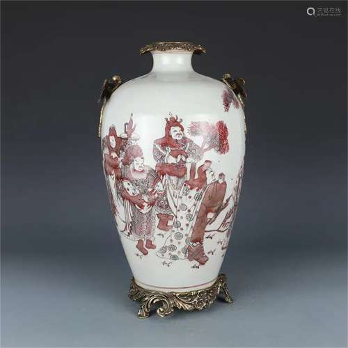 A Chinese Iron-Red Glazed Porcelain Vase with Gilt Bronze Inlaid