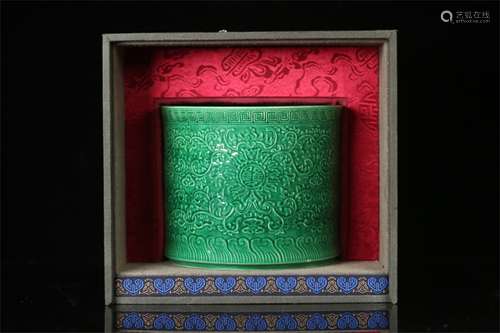 A Chinese Green Glazed Porcelain Brush Pot