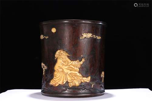 A Chinese Carved Zitan Brush Pot with Inlaid