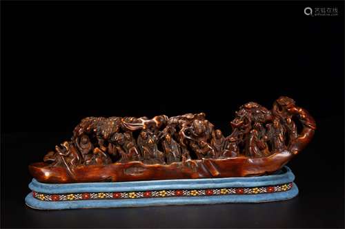 A Chinese Carved Agar-Wood Boat-Shape Decoration