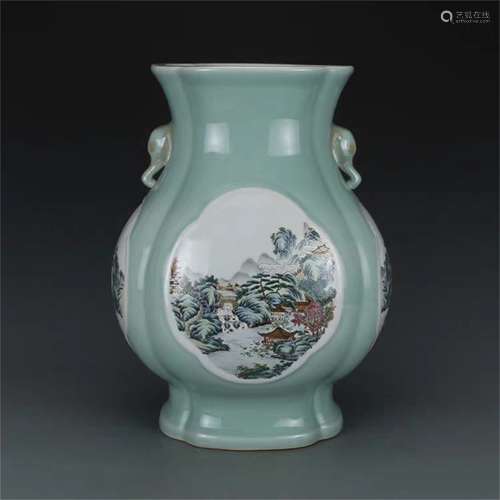 A Chinese Celadon Glazed Famille-Rose Porcelain Vase