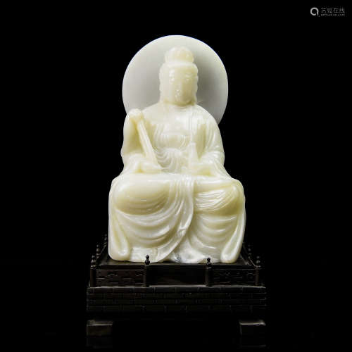A Chinese Carved Jade Buddha with Stand