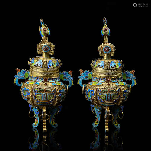 A Pair of Chinese Gilt Silver Incense Burners