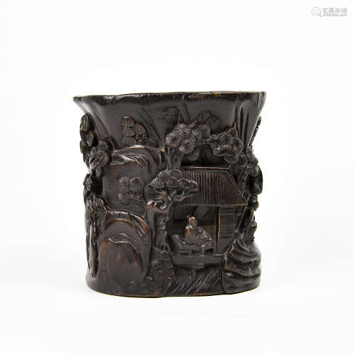 A Chinese Carved Agar-Wood Brush Pot