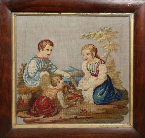 A 19TH CENTURY ROSEWOOD FRAMED NEEDLEWORK PICTURE,