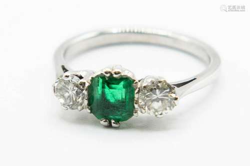 AN EMERALD AND DIAMOND RING, the square cut emerald set