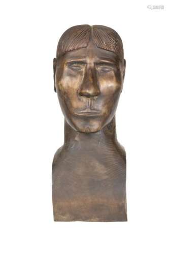 TRIBAL: A CARVED WOODEN BUST OF A MALE. 37.5cm high