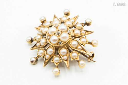 A MID VICTORIAN PEARL AND DIAMOND SET BROOCH, the star