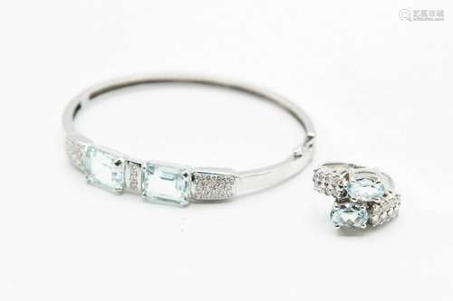 A CONTEMPORARY DIAMOND AND AQUAMARINE BANGLE, the two