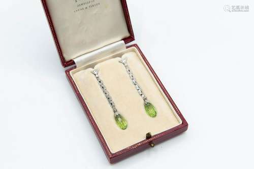 A PAIR OF PERIDOT AND DIAMOND EARRINGS, circa