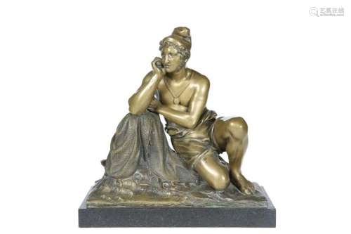 A FRENCH BRONZE OF A FISHERMAN, on a marble plinth.