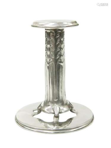 A LIBERTY & CO TUDRIC PEWTER CANDLESTICK, DESIGNED BY