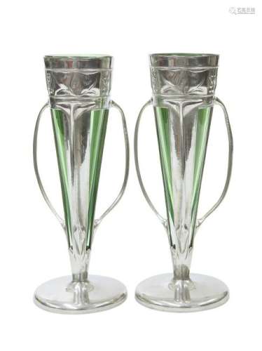 A PAIR OF LIBERTY & CO TUDRIC PEWTER AND GREEN GLASS