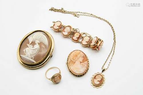 A COLLECTION OF SHELL CAMEO JEWELLERY, to include two