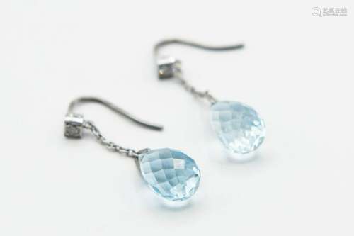 A PAIR OF AQUAMARINE EARRINGS, each tapering faceted