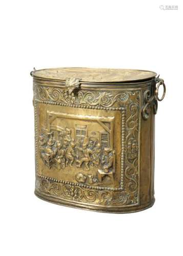 A FRENCH BRASS LOG BIN, EARLY 20TH CENTURY, oval