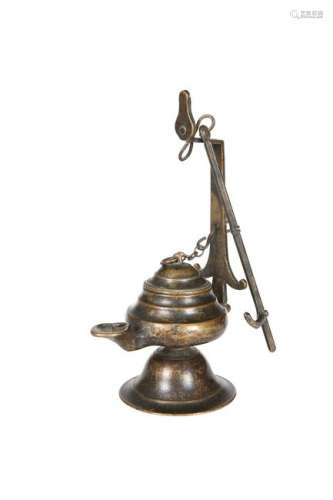 AN INDIAN BRASS HANGING OIL LAMP, 19TH CENTURY. Overall