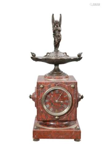 A FRENCH BRONZE AND ROUGE MARBLE MANTEL CLOCK, 19TH