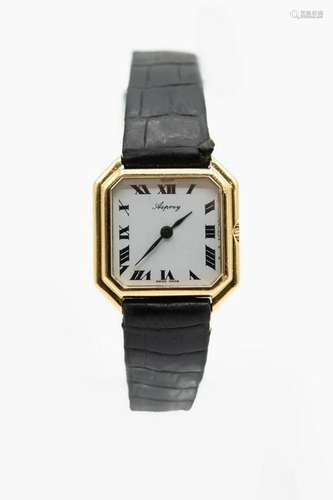 A LADY'S 18CT GOLD ASPREY STRAP WATCH. Square cut