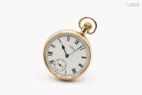 A 9CT GOLD WALTHAM POCKET WATCH. Circular white dial