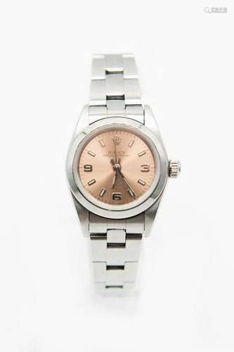 A LADY'S STEEL ROLEX OYSTER BRACELET WATCH. Circular