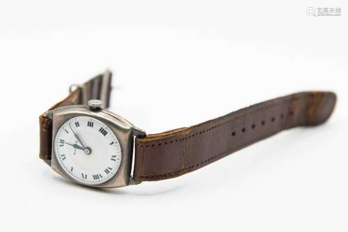 A SILVER ROLEX STRAP WATCH. Circular white enamel dial