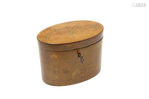 A GEORGE III FLORAL MARQUETRY AND HAREWOOD OVAL CADDY,