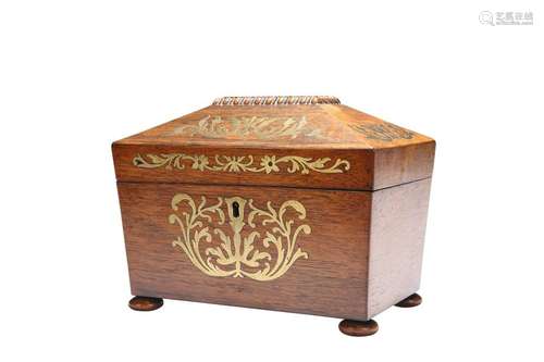 A REGENCY BRASS INLAID ROSEWOOD TEA CADDY, of