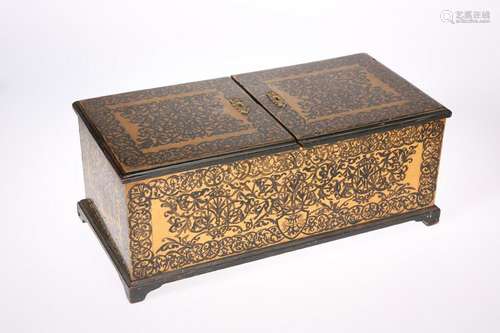 A LARGE 19TH CENTURY POKERWORK TEA CADDY, the twin flap