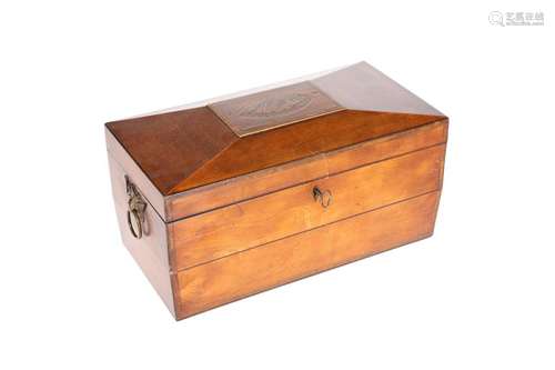 A LATE GEORGIAN MAHOGANY TEA CADDY, of sarcophagus form