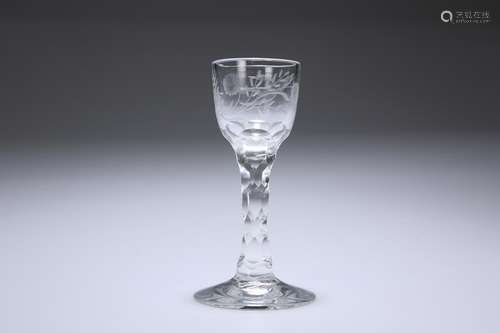 AN 18TH CENTURY ENGRAVED WINE GLASS, the ogee bowl