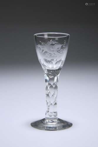 AN 18TH CENTURY ENGRAVED WINE GLASS, the tapering ogee