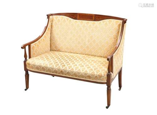 AN EDWARDIAN SATINWOOD INLAID MAHOGANY SETTEE, with