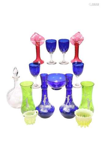 A COLLECTION OF VICTORIAN GLASS, including four blue