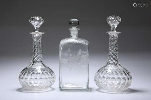 A CONTINENTAL ETCHED GLASS DECANTER, of rectangular