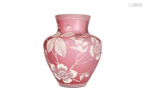 A 19TH CENTURY ENAMEL PAINTED RUBY GLASS VASE,