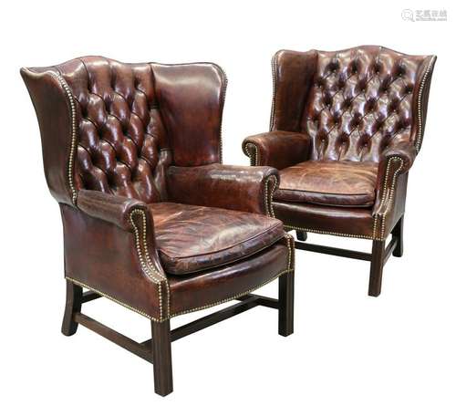 A PAIR OF GEORGIAN STYLE LEATHER WING CHAIRS, with deep