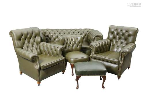 A GREEN LEATHER UPHOLSTERED MATCHED